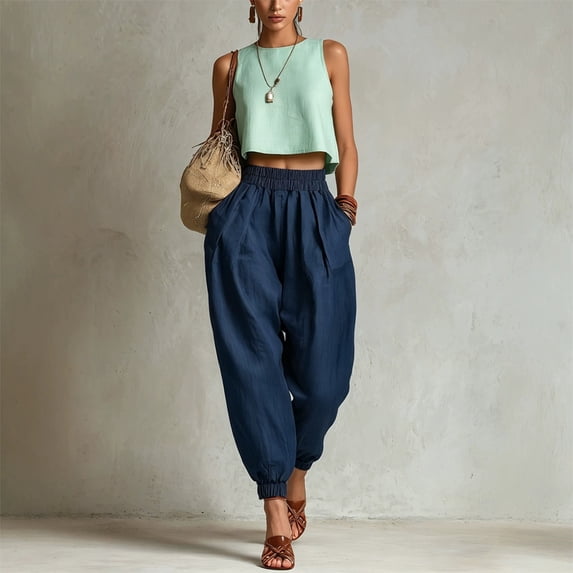 Morttic Women's Solid Color High Waist Pleated Jogger Pants – Cuffed Ankle Lantern Trousers with Side Pockets Summer Daily Wear Navy Blue,M