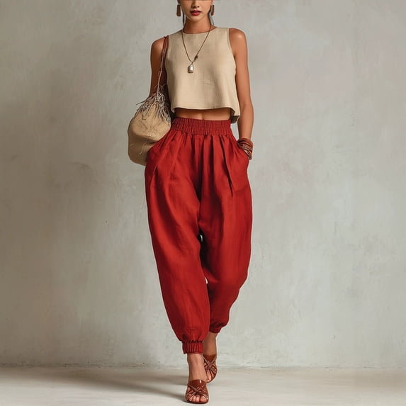 Morttic Women's Solid Color High Waist Pleated Jogger Pants – Cuffed Ankle Lantern Trousers with Side Pockets Summer Daily Wear Red,XXL