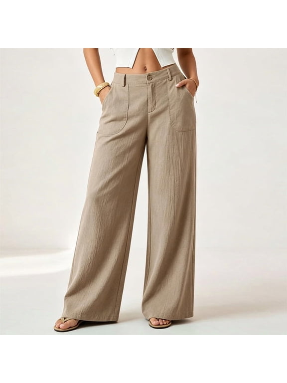 Women's Solid Color Loose Wide Leg Pants – High Waist Casual Trousers with Pockets for Office & Everyday Khaki,S