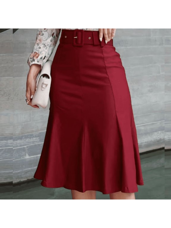 Women‘s Solid Color Midi Skirt – High-Waist Mermaid Hem with Wide Belt Everyday Outfit Essential Wine Red,M