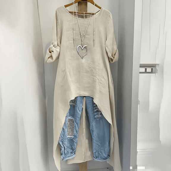 Morttic Women's Solid Color Minimalist Style Loose Crew Neck Blouse with Adjustable Sleeves & Asymmetric Hem Apricot,L