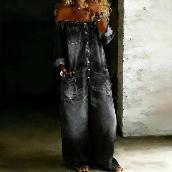 Morttic Women's Solid Color Off-Shoulder Denim-Look Jumpsuit – Long Sleeve Button Front, Wide Leg Pants with Pockets Black,S