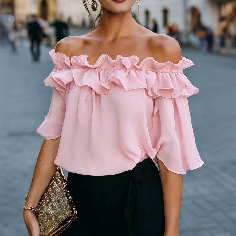 Morttic Women's Solid Color Off-Shoulder Ruffle Top – Backless