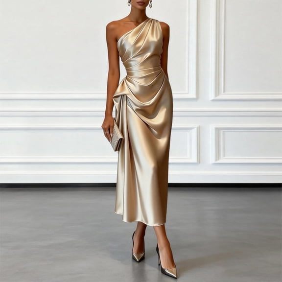 Morttic Women's Solid Color Ruched Waist One Shoulder Midi Dress – Elegant Satin Sleeveless Cocktail Gown Khaki,L
