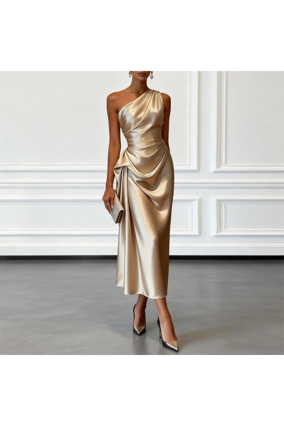 Women's Solid Color Ruched Waist One Shoulder Midi Dress – Elegant Satin Sleeveless Cocktail Gown Khaki，M