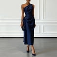 thumbnail image 1 of Morttic Women's Solid Color Ruched Waist One Shoulder Midi Dress – Elegant Satin Sleeveless Cocktail Gown Navy Blue，L, 1 of 4