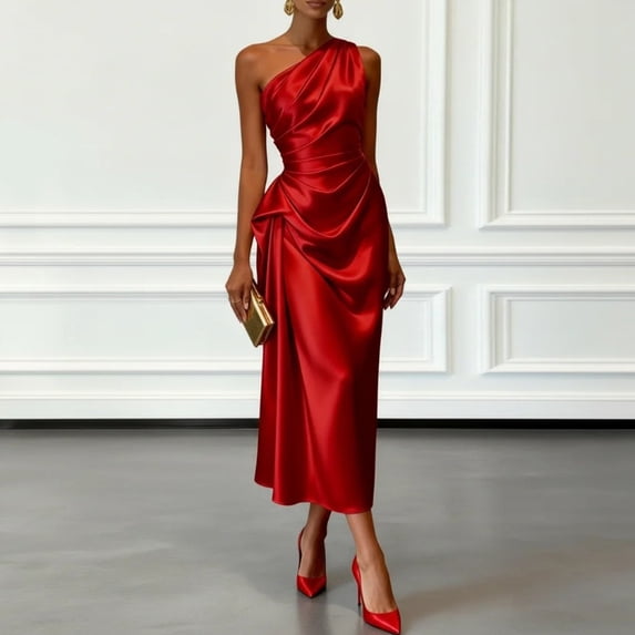 Morttic Women's Solid Color Ruched Waist One Shoulder Midi Dress – Elegant Satin Sleeveless Cocktail Gown Red,L