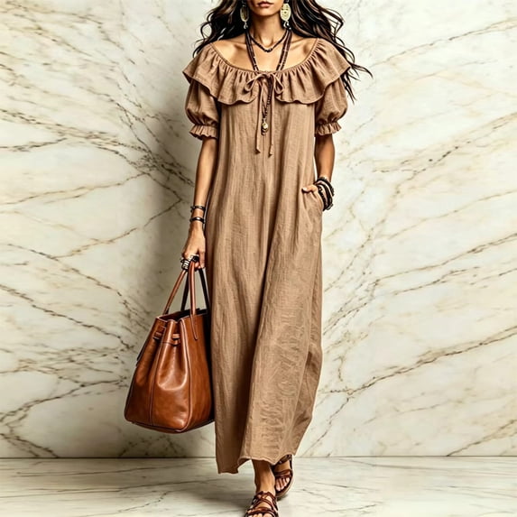 Morttic Women's Solid Color Ruffled Puff Sleeve Midi Dress – Drawstring Front Loose Fit Pocket Casual Bohemian Vacation Light Brown,XXL
