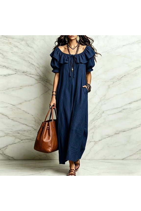 Women's Solid Color Ruffled Puff Sleeve Midi Dress – Drawstring Front Loose Fit Pocket Casual Bohemian Vacation Navy Blue,S