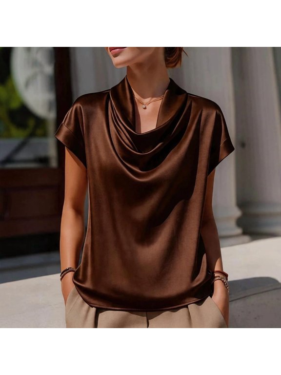 Women's Solid Color Satin Cowl Neck Cap Sleeve Top – Loose Fit Shiny Blouse Spring Summer Casual Elegant Shirt Coffee,S