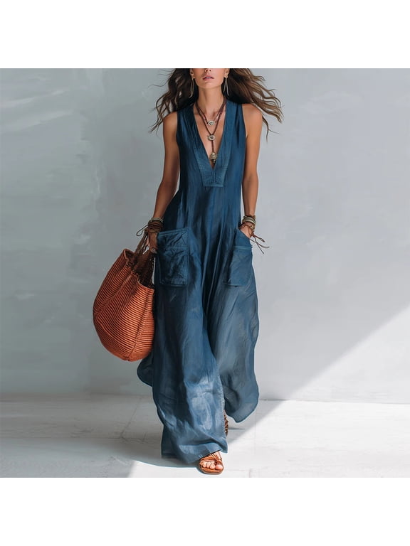 Women's Solid Color Sleeveless Deep V Jumpsuit – Loose Wide Leg Double Pockets Flowy Boho Beach Vacation Romper Blue，L