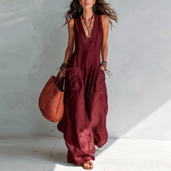 Morttic Women's Solid Color Sleeveless Deep V Jumpsuit – Loose Wide Leg Double Pockets Flowy Boho Beach Vacation Romper Wine Red,S