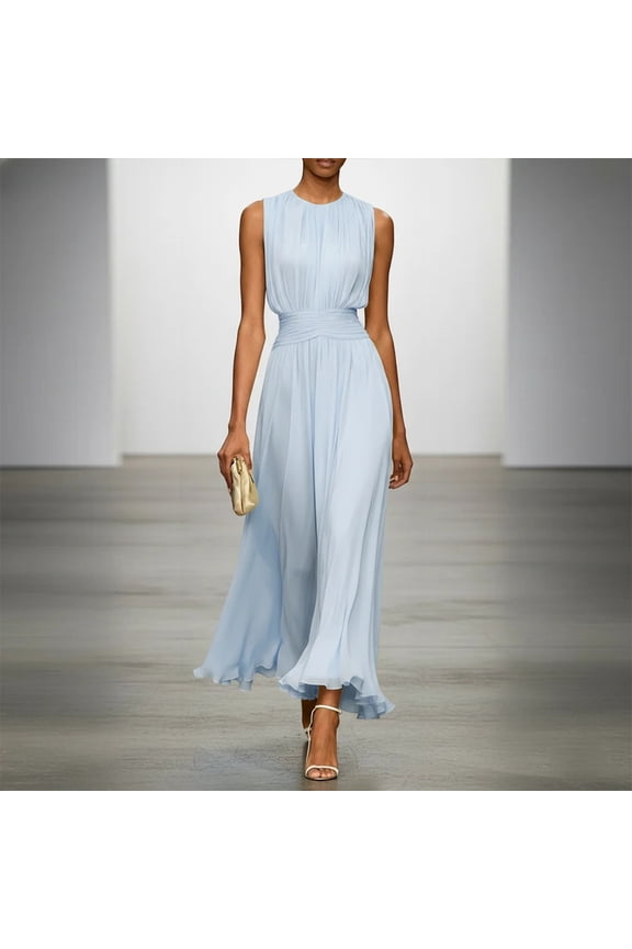 Women's Solid Color Sleeveless Pleated Maxi Dress – Waist-Cinching Flowy Chiffon Evening & Wedding Guest Gown Light Blue,S