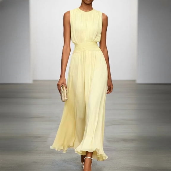 Morttic Women's Solid Color Sleeveless Pleated Maxi Dress – Waist-Cinching Flowy Chiffon Evening & Wedding Guest Gown Yellow,L