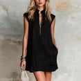 thumbnail image 1 of Morttic Women's Solid Color Stand Collar Half Zip Sleeveless Mini Dress – Side Pockets, Loose Shift, Casual Work & Weekend Black，L, 1 of 2