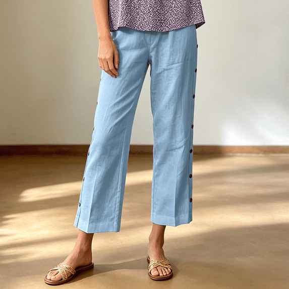 Morttic Women's Solid Color Straight Pants – High Waist Side Button Decor Ankle Length Trousers with Pockets Loose Casual Work Sky Blue,S