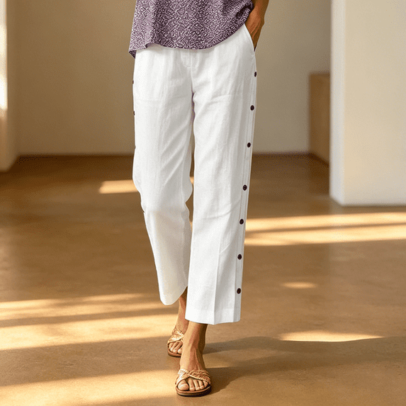 Morttic Women's Solid Color Straight Pants – High Waist Side Button Decor Ankle Length Trousers with Pockets Loose Casual Work White,S
