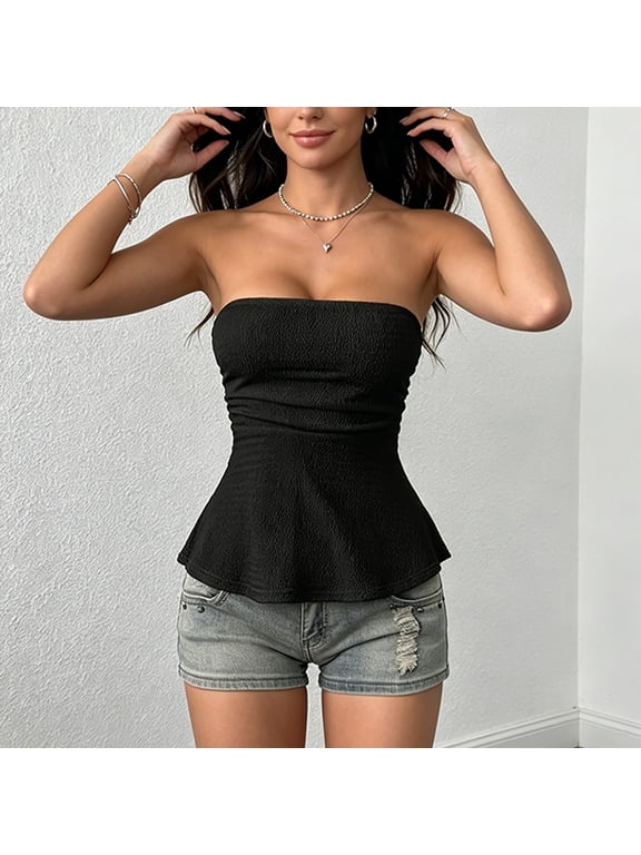 Women's Solid Color Strapless Ruched Crop Top – Peplum Hem, Backless Slim Fit, Sexy Summer Street & Vacation Top Black,L