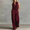 thumbnail image 1 of Morttic Women's Solid Color Two-Piece Set – Sleeveless Ruffle V-Neck Shirt & High-Waist Wide-Leg Pants with Side Pocket Wine Red，L, 1 of 2