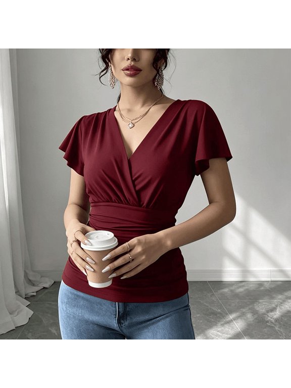 Women's Solid Color V-Neck Flutter Short Sleeve Ruched Waist Top – Slim Fit Blouse Fashionable Vacation & Daily Wear Wine Red,XL