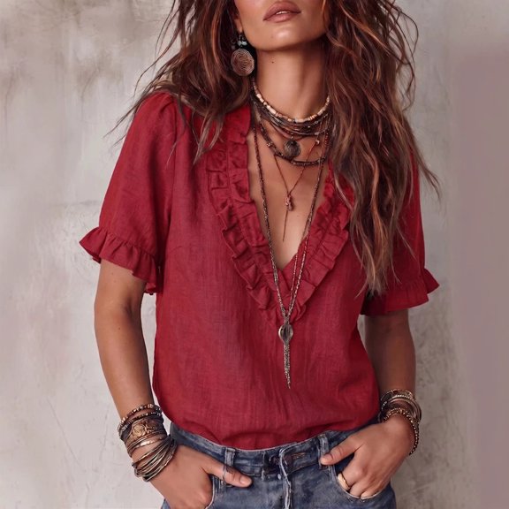 Morttic Women's Solid Color V-Neck Ruffle Trim Puff Sleeve Blouse – Loose Bohemian Summer Vacation & Daily Top Wine Red,S