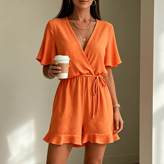 Morttic Women's Solid Color V-Neck Short Sleeve Laced Waist Ruffle Hem With Pockets Loose Fit Summer Beach Jumpsuit Orange,XL