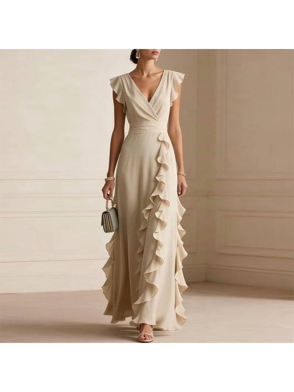Women's Solid Color V-Neck Wrap Maxi Dress – Flutter Short Sleeve High Waist Side Ruffle Elegant Wedding Guest Dress Apricot,S