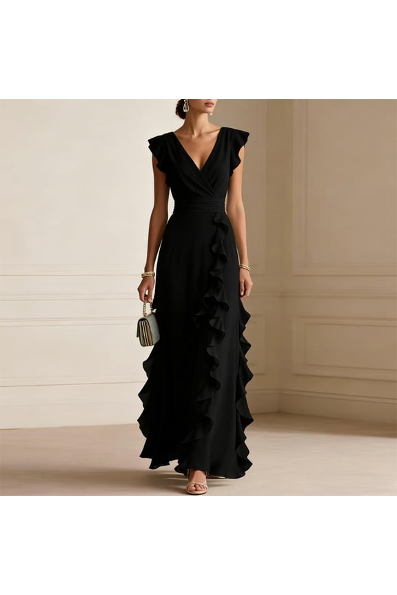 Women's Solid Color V-Neck Wrap Maxi Dress – Flutter Short Sleeve High Waist Side Ruffle Elegant Wedding Guest Dress Black,XL