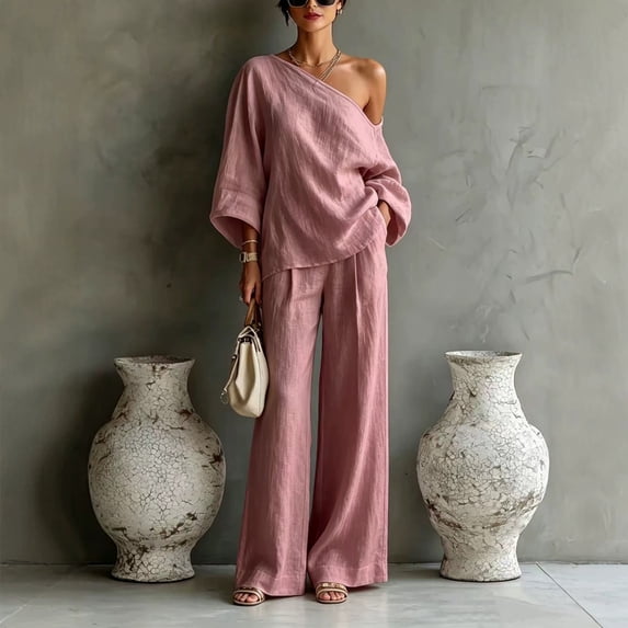 Morttic Women's Solid One Shoulder Batwing Sleeve Top & High Waist Wide Leg Pants with Side Pockets Flowy Beach Daily Outfit Pink,S