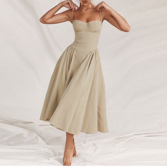 Morttic Women's Spaghetti Strap Bust-Binding Midi Dress – Flowy A-Line with Pocket, Solid Color Summer Casual Outfit Apricot,M