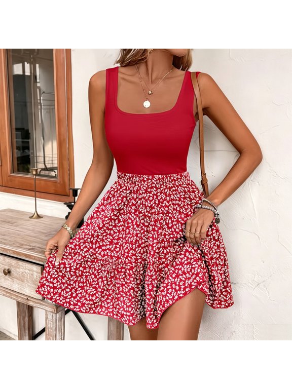 Women's Spaghetti Strap Floral Print Mini Dress – Square Neck, Backless, Sleeveless, Casual Daily & Weekend Outing Dress Red,XXL
