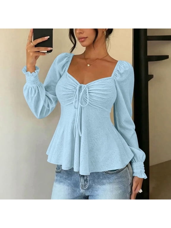 Women's Square Neck Drawstring Tie Bust Puff Long Sleeve Solid Color Sexy Backless Peplum Eyelet Blouse Sky Blue,S
