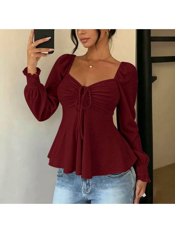 Women's Square Neck Drawstring Tie Bust Puff Long Sleeve Solid Color Sexy Backless Peplum Eyelet Blouse Wine Red,XXL