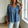 thumbnail image 1 of Morttic Women's Square Neck Faux Denim Mid Sleeve Blouse – Solid Color Casual Top with Lace Trim Front Summer Daily Outfit Navy Blue，S, 1 of 6