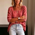 thumbnail image 1 of Morttic Women's Square Neck Faux Denim Mid Sleeve Blouse – Solid Color Casual Top with Lace Trim Front Summer Daily Outfit Red，XXL, 1 of 6