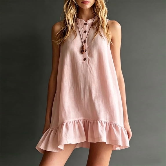 Morttic Women's Stand Collar Half-Button Sleeveless Mini Dress – Ruffle Hem A-Line Solid Color Beach & Vacation Outfit Pink,S