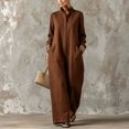 thumbnail image 1 of Morttic Women's Stand Collar Long Sleeve Single-Breasted Jumpsuit – Casual Relaxed Straight Long Jumpsuit with Side Pockets Dark Brown，L, 1 of 2
