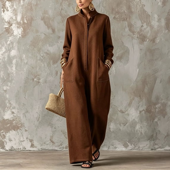 Morttic Women's Stand Collar Long Sleeve Single-Breasted Jumpsuit – Casual Relaxed Straight Long Jumpsuit with Side Pockets Dark Brown,L