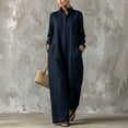 thumbnail image 1 of Morttic Women's Stand Collar Long Sleeve Single-Breasted Jumpsuit – Casual Relaxed Straight Long Jumpsuit with Side Pockets Navy Blue，L, 1 of 2