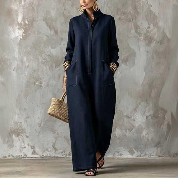Morttic Women's Stand Collar Long Sleeve Single-Breasted Jumpsuit – Casual Relaxed Straight Long Jumpsuit with Side Pockets Navy Blue,L