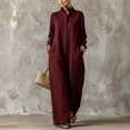 thumbnail image 1 of Morttic Women's Stand Collar Long Sleeve Single-Breasted Jumpsuit – Casual Relaxed Straight Long Jumpsuit with Side Pockets Wine Red，XXXL, 1 of 2