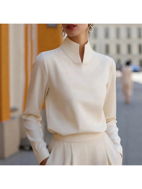 Women's Stand Collar Satin Long Sleeve Blouse – Minimalist Solid Color Elegant Top for Office & Formal Occasions Apricot,S