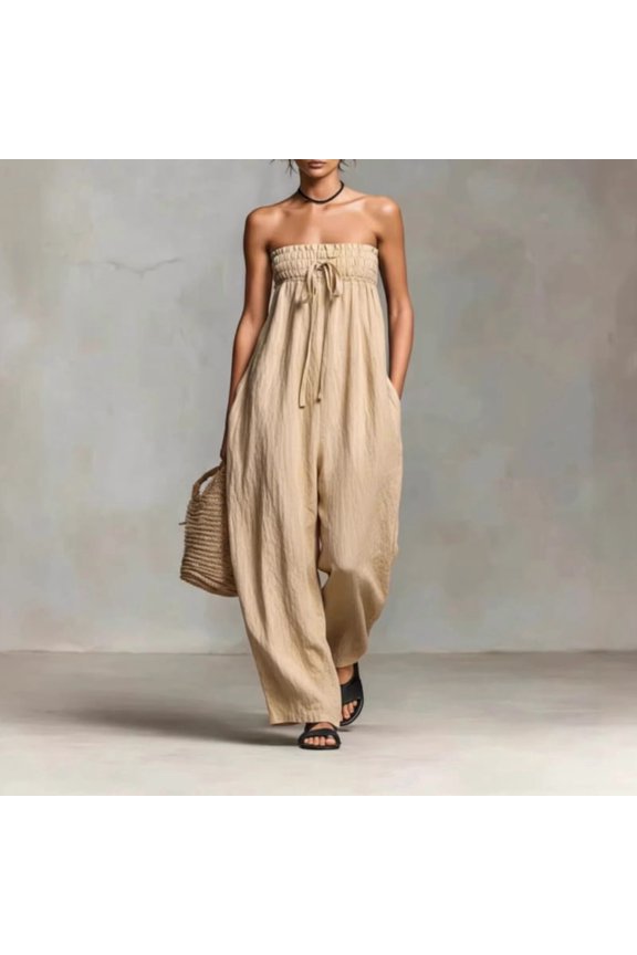 Women's Strapless Sleeveless Jumpsuit with Pockets – Solid Color Pleated Design Elegant Casual Outfit Apricot,M