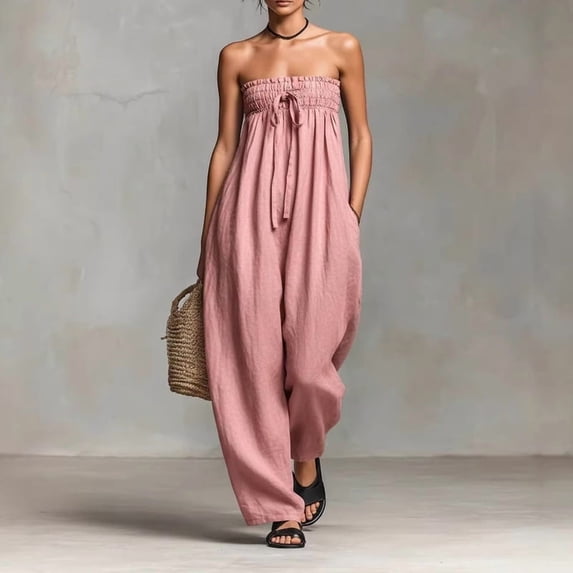 Morttic Women's Strapless Sleeveless Jumpsuit with Pockets – Solid Color Pleated Design Elegant Casual Outfit Pink,M
