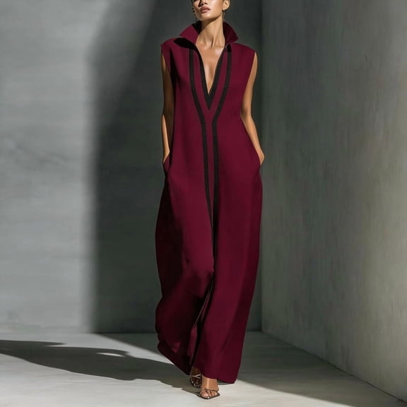 Morttic Women's Striped High-Neck Sleeveless Long Dress – Flattering Fit Casual Summer Vacation Maxi Dress Wine Red，L