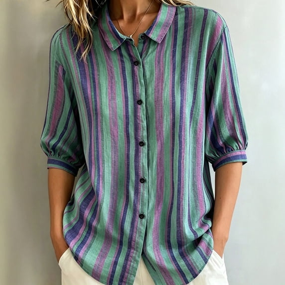 Morttic Women's Striped Lapel Collar Button Down Shirt – Collared Puff 3/4 Sleeve Blouse, Casual Loose Summer Top Green,XL