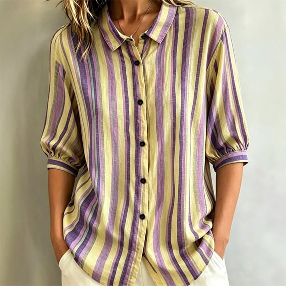 Morttic Women's Striped Lapel Collar Button Down Shirt – Collared Puff 3/4 Sleeve Blouse, Casual Loose Summer Top Yellow,L
