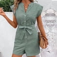 thumbnail image 1 of Morttic Women's Striped Romper with Flutter Sleeves – V-Neck Button Front Belted Waist with Pockets Casual Summer Daily Green，L, 1 of 6