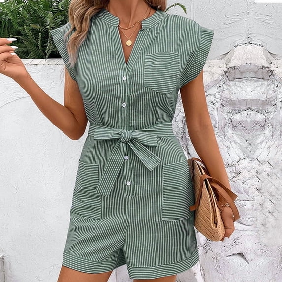 Morttic Women's Striped Romper with Flutter Sleeves – V-Neck Button Front Belted Waist with Pockets Casual Summer Daily Green,L