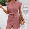 thumbnail image 1 of Morttic Women's Striped Romper with Flutter Sleeves – V-Neck Button Front Belted Waist with Pockets Casual Summer Daily Red，S, 1 of 6